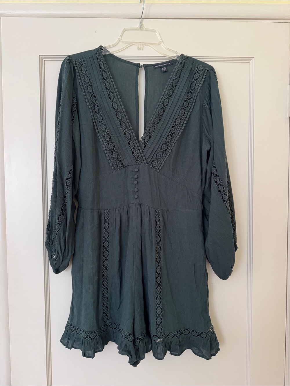 American Eagle Outfitters Teal, Lace-Trim, V-neck Romper w/ pockets
